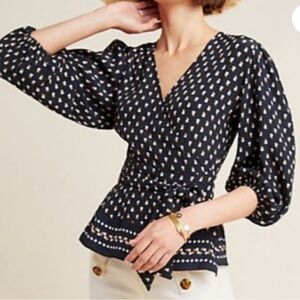 Faithfull the Brand x Anthropologie Wrap Top Medium V Neck Blue Floral P146